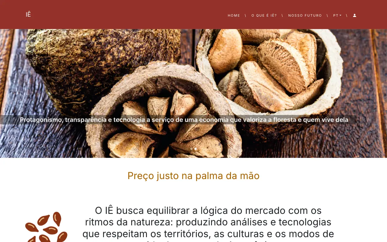 Site do IÊ com castanhas-da-Amazônia e a chamada sobre preço justo